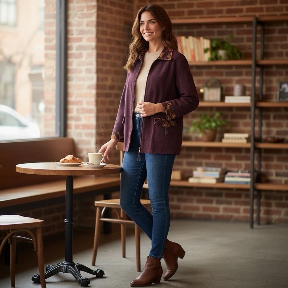 Susan Graver Jacket Large Purple Faux Suede Zip Front SW Tapestry Trim Stretch L - Picture 2 of 9